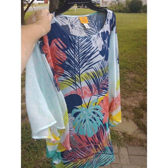 2X Ruby Rd Top Braziliant Sheer Tropical Floral Poncho & Navy Blue Tank Top NWT - Picture 1 of 8